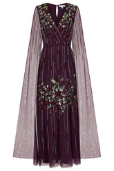 Verbena Purple Cape Sleeve Floral Embellished Maxi Dress